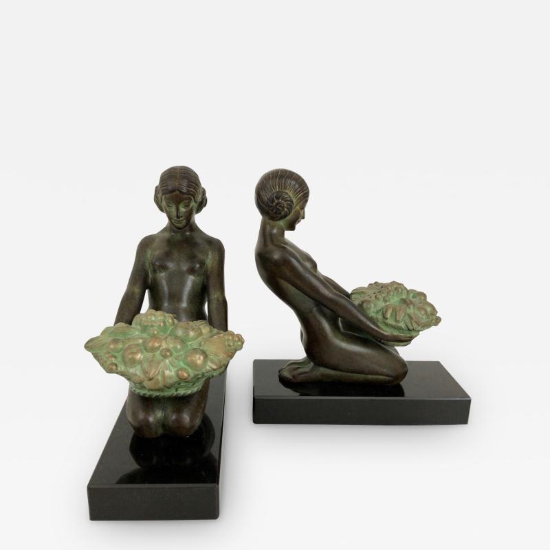  Max Le Verrier Original Max Le Verrier Cueillette Art Deco Style Bookends in Spelter and Marble