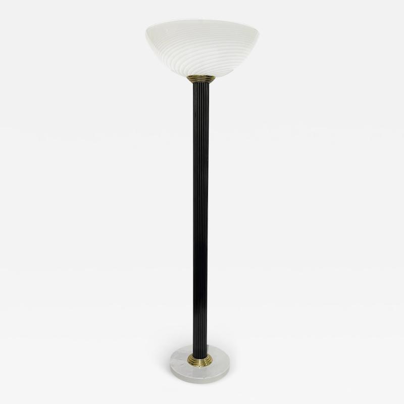  Mazzega Murano 1950s Italian Art Deco Design White Murano Glass Black Lacquered Wood Floor Lamp