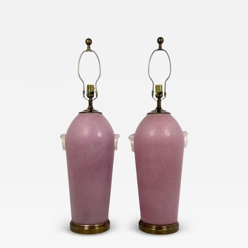  Mazzega Murano ITALIAN POST MODERNIST PINK SCAVO MURANO GLASS LAMPS WITH CLEAR RING ACCENTS
