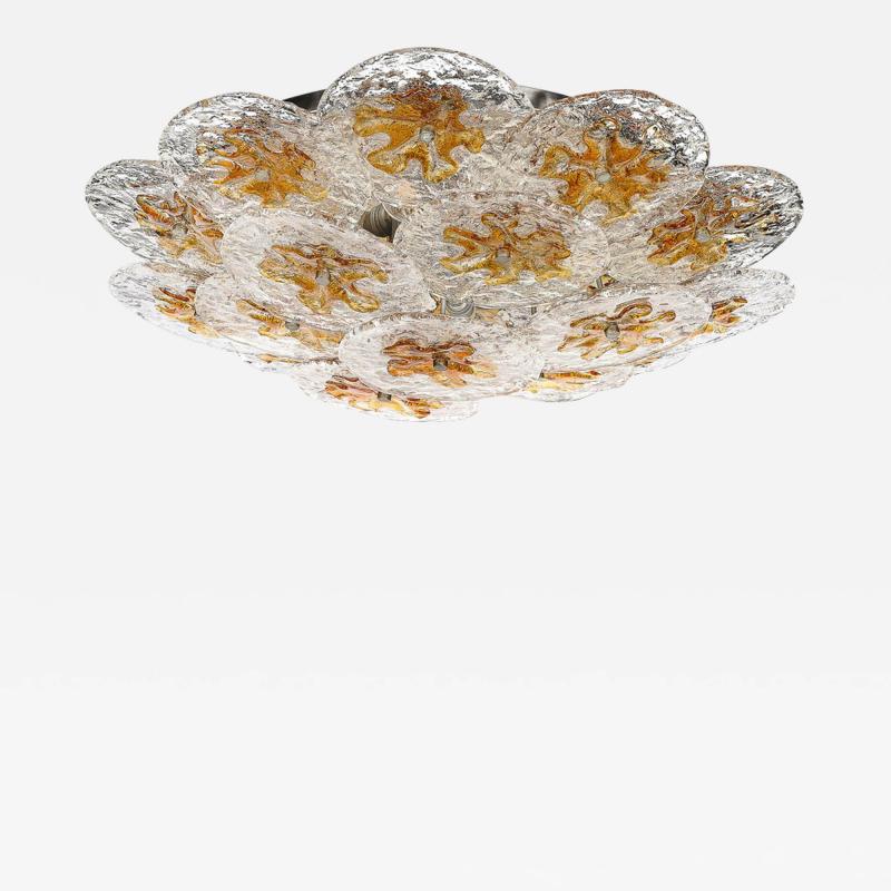  Mazzega Murano Mid Century Amber Handblown Murano Mottled Glass Disk Flush Mount by Mazzega