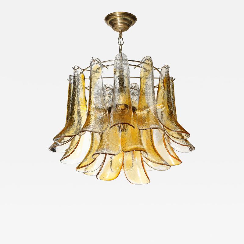  Mazzega Murano Mid Century Handblown Murano Amber Glass Brass Feather Chandelier by Mazzega