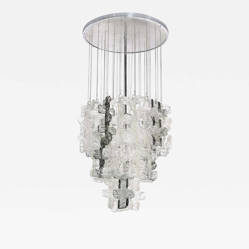  Mazzega Murano Mid Century Modernist Textural Clear Smoked Glass Chandelier by Mazzega