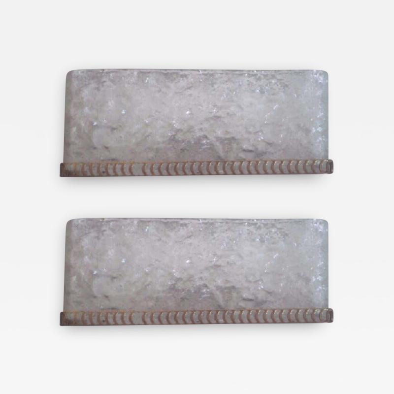  Mazzega Murano Pair Italian Mid Century Modern Hand Blown Murano Ice Glass Sconces by Mazzega