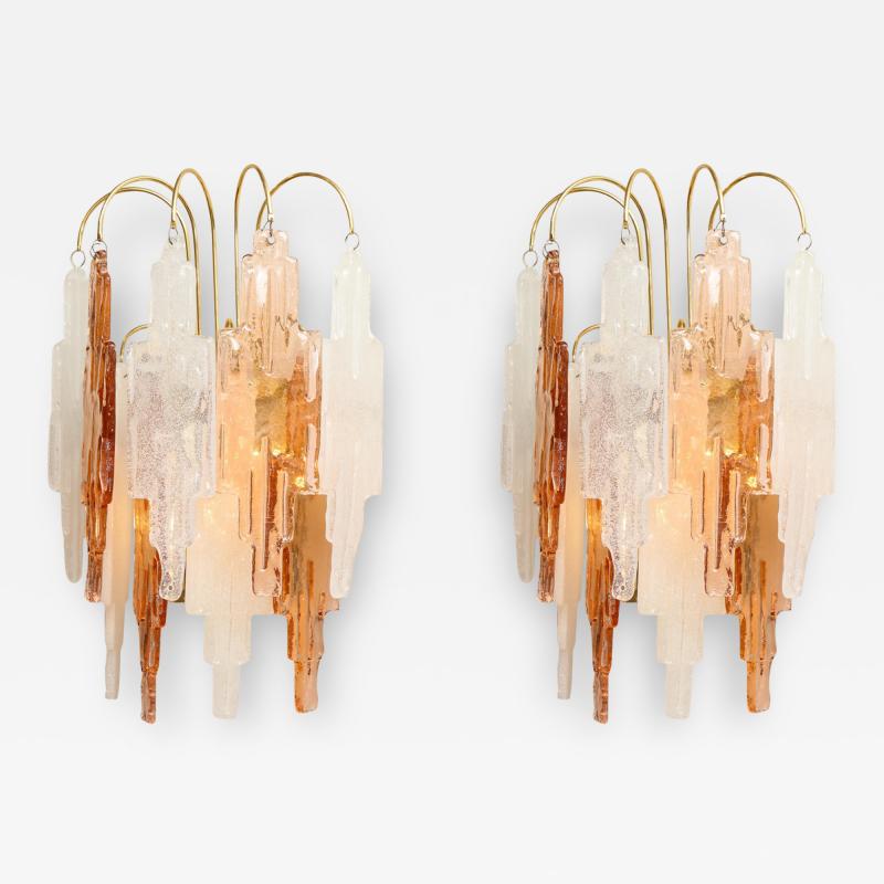  Mazzega Murano Pair of Vintage Murano Hanging Glass Wall Lights in Amber and Ice Frost