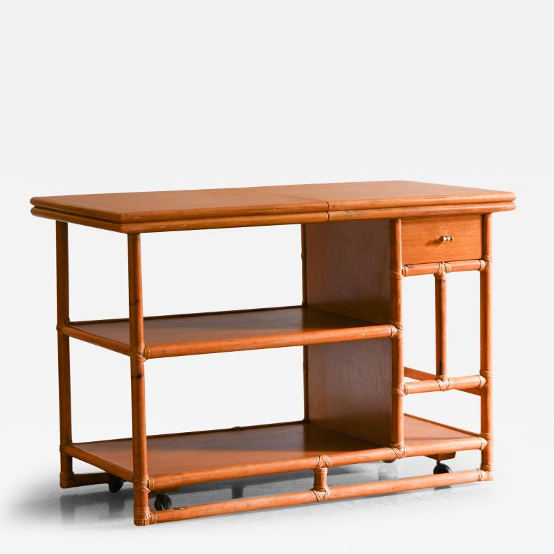  McGuire Furniture 1970s McGuire Cart Server Buffet in rattan with extendable wooden top and wheels