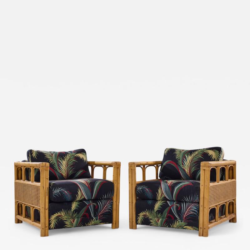  McGuire Furniture John and Elinor McGuire McGuire Style Mid Century Rattan Club Lounge Chairs Pair