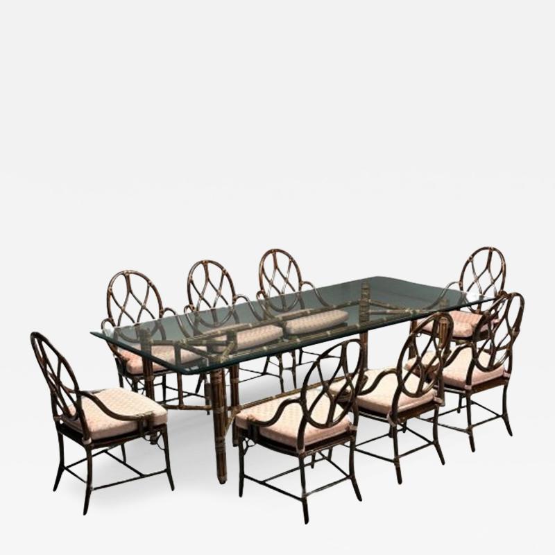  McGuire Furniture McGuire Mid Century Modern Dining Table and 8 Chairs Bamboo Rattan 1960s