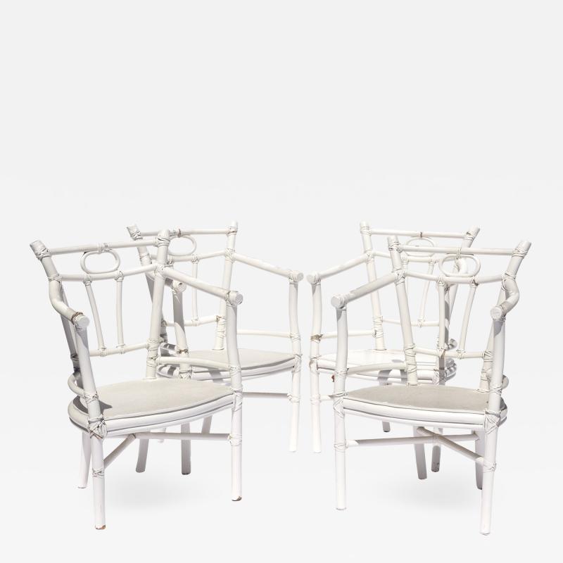  McGuire Furniture Set Of 4 Vintage Mcguire White Painted Bamboo Rattan Dining Chairs Circa 1960