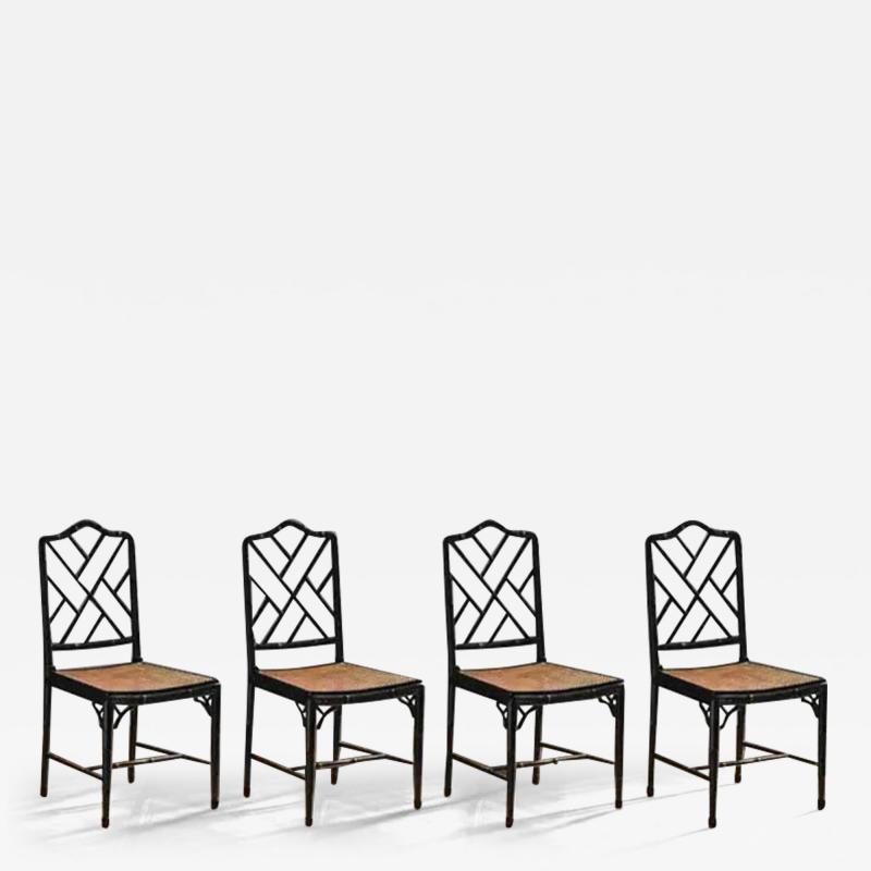  McGuire Furniture Set of 4 Mc Guire 1970 chairs in black lacquered Rattan and Vienna straw