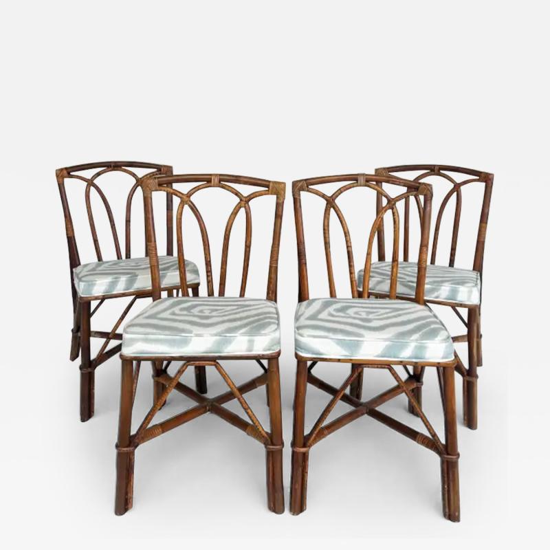  McGuire Furniture Vintage Coastal Rattan Side Chairs with Upholstered Seat Cushions Set of 4