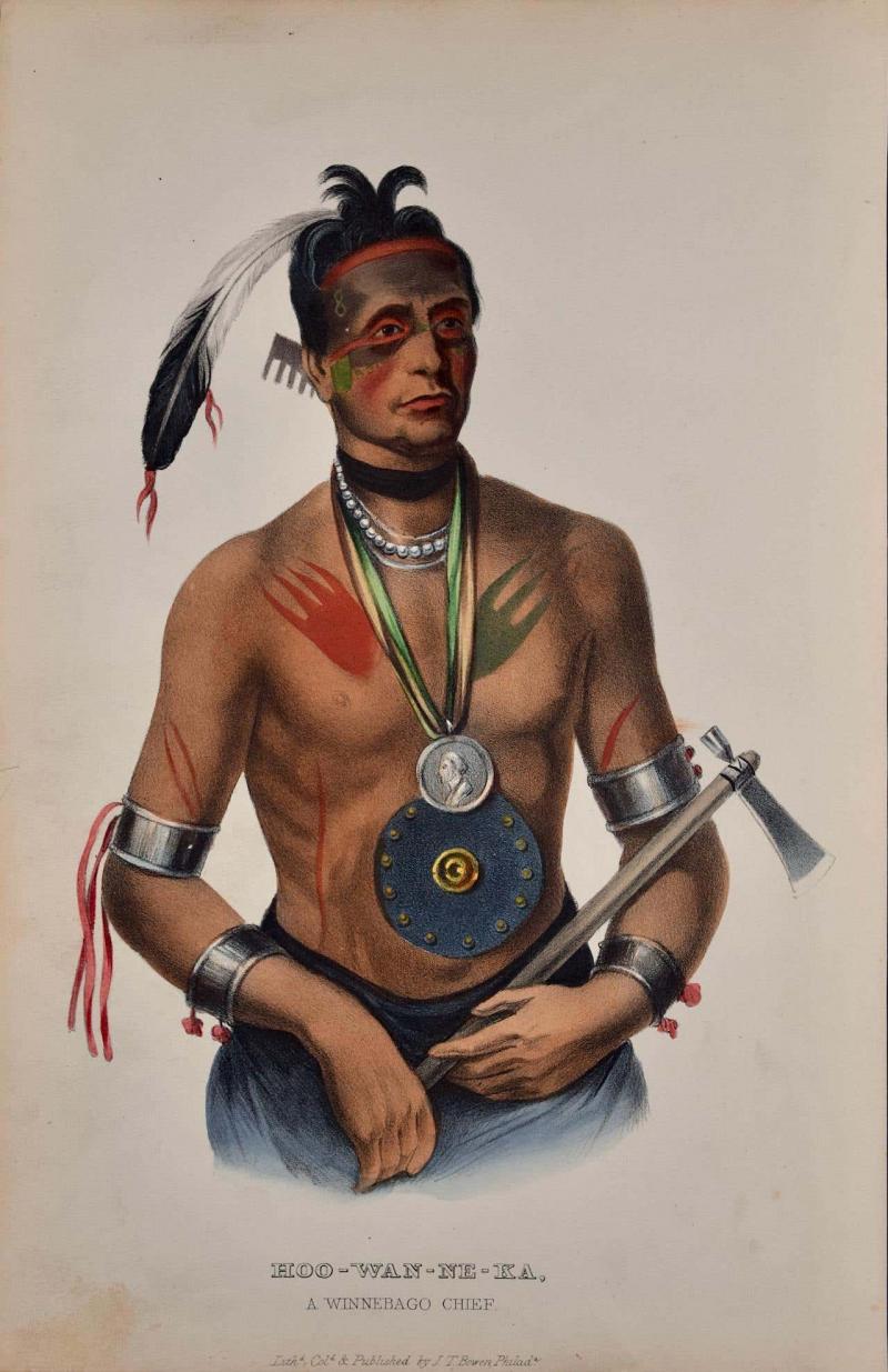  McKenney Hall Hoo Wan Ne Ka A Winnebago Chief Original Hand colored McKenney Hall Litho