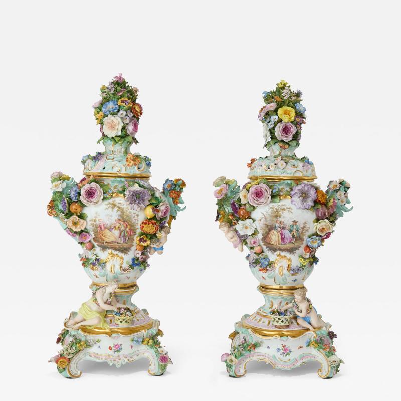  Meissen Porcelain Manufactory Large and Impressive Pair of Meissen Porcelain Flower Encrusted Vases