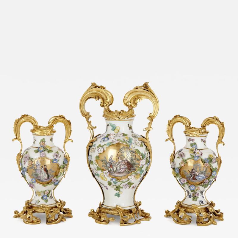  Meissen Porcelain Manufactory Meissen porcelain three vase garniture with ormolu mounts