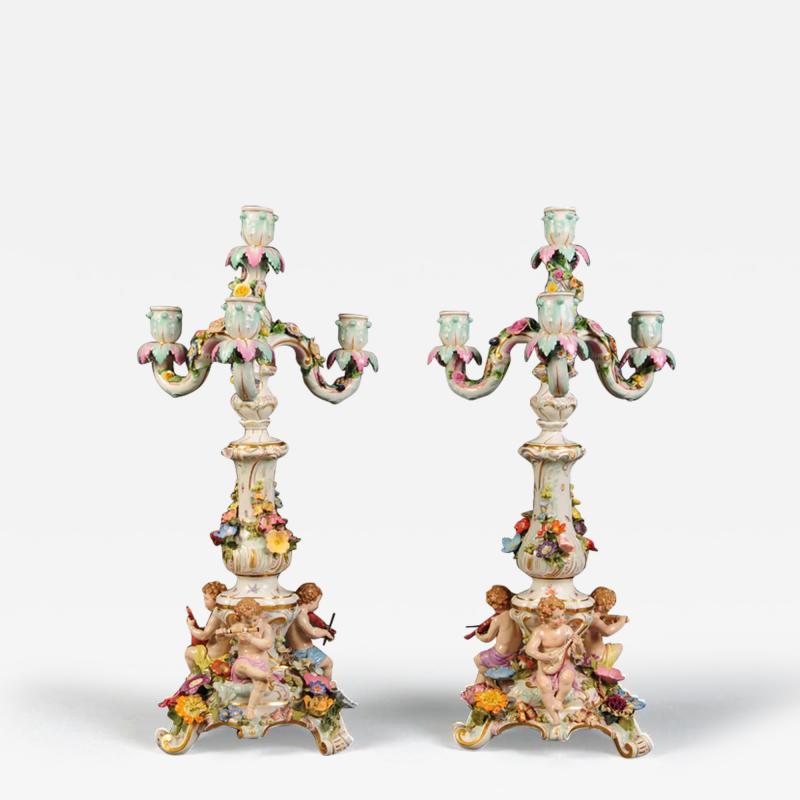  Meissen Porcelain Manufactory PAIR OF MEISSEN PORCELAIN FOUR ARM FIGURAL CANDELABRA 19TH CENTURY