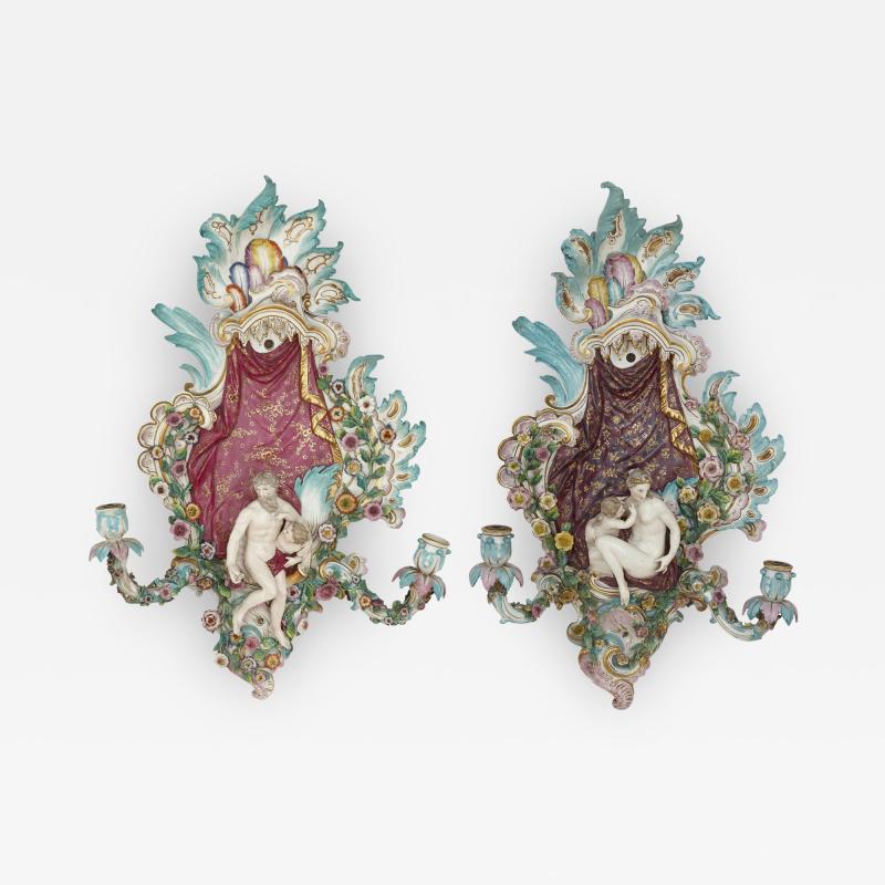  Meissen Porcelain Manufactory Pair of antique porcelain sconces by Meissen