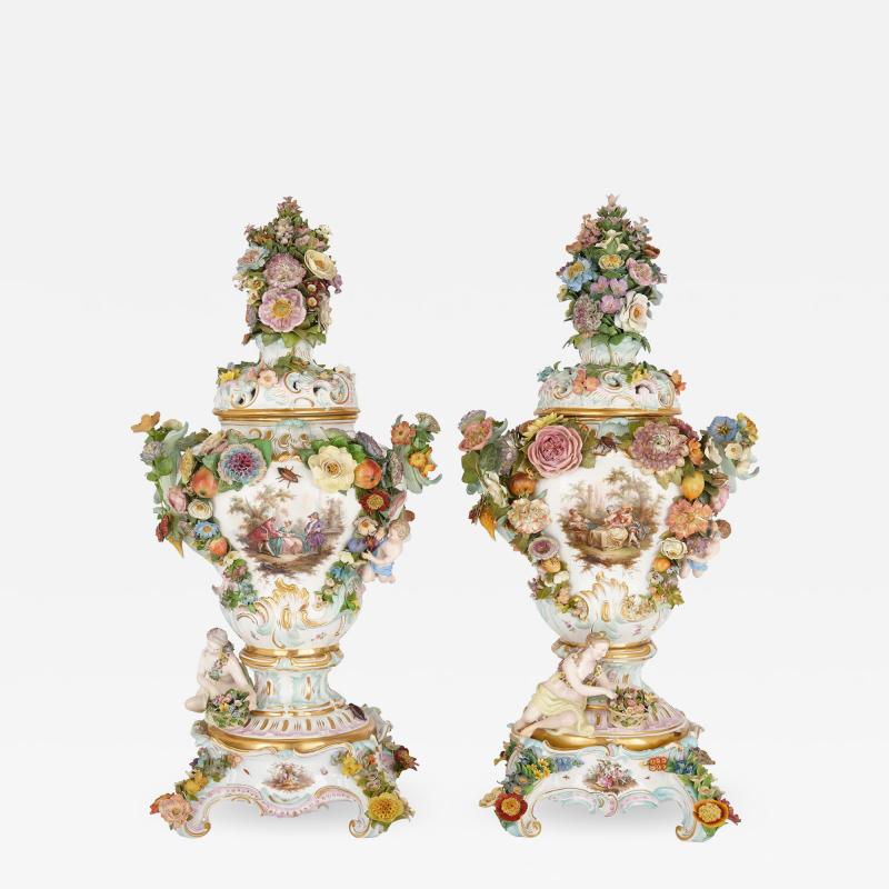  Meissen Porcelain Manufactory Pair of very large floral Rococo style Meissen potpourri vases