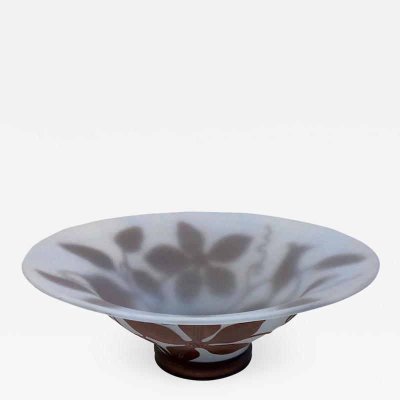  Michna 1970s Austrian Vintage Art Nouveau Style Aqua Blue Glass Bowl with Brown Flowers