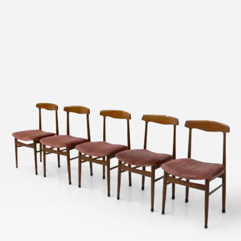  Midcentury Italian school Set of Five Italian Wood and Velvet Chairs