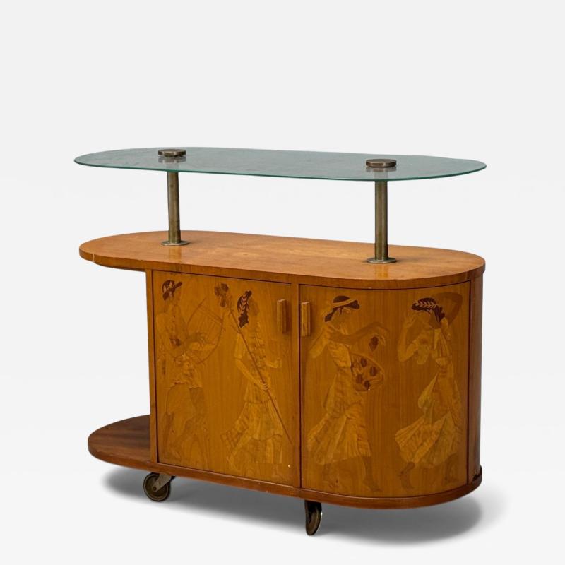  Mj lby Intarsia Erik Mattsson Art Deco Marquetry Glass Rare Bar Cart Sweden c 1939