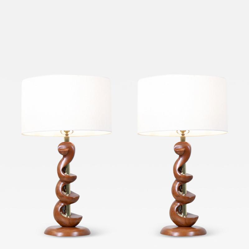  Modeline Mid Century Modern Sculpted Walnut Twist Table Lamps by Modeline of California