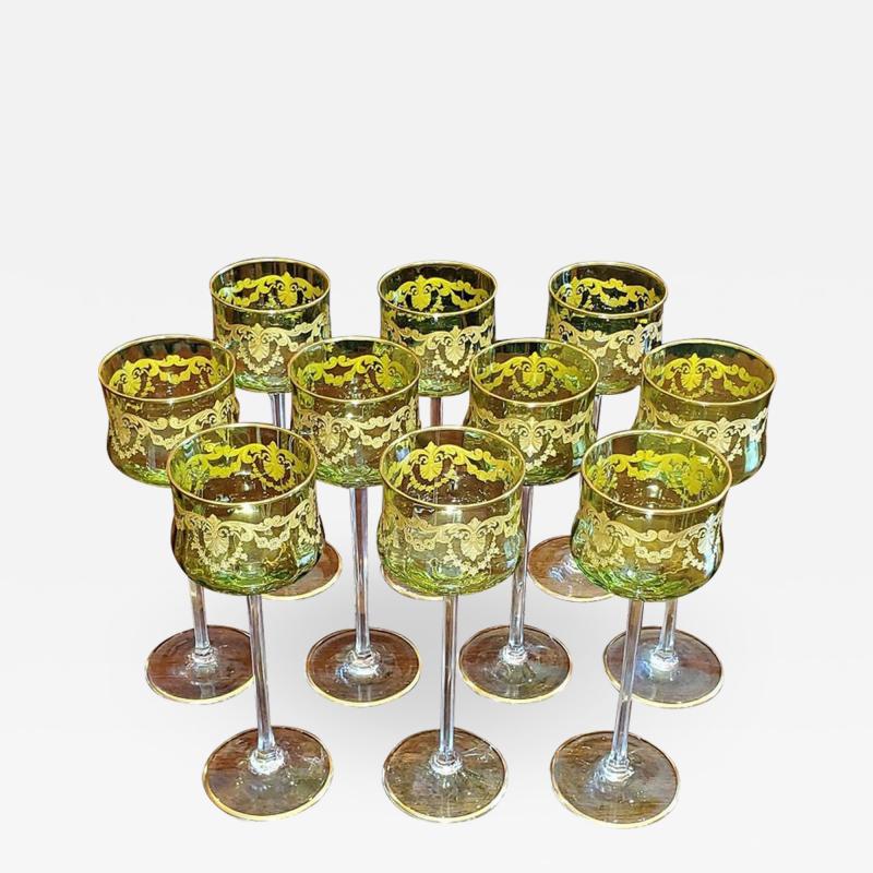  Moser Set of 10 Moser Glass Green and Gold Tall Wine Goblets