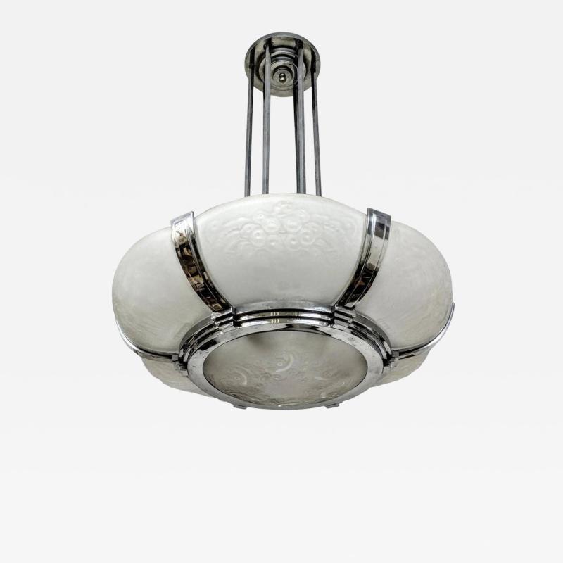  Muller Fres Luneville French Art Deco Pendant Chandelier Signed by Muller Freres Luneville