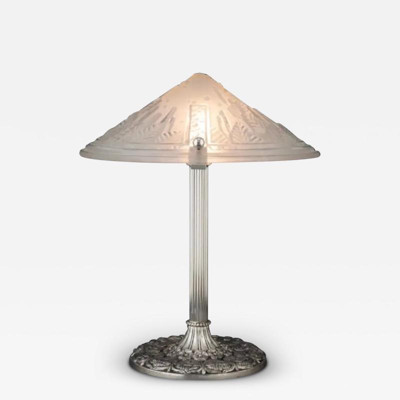  Muller Fres Luneville Muller Fr res Art Deco Glass Shade on an Edward Miller Co Silvered Metal Tabl