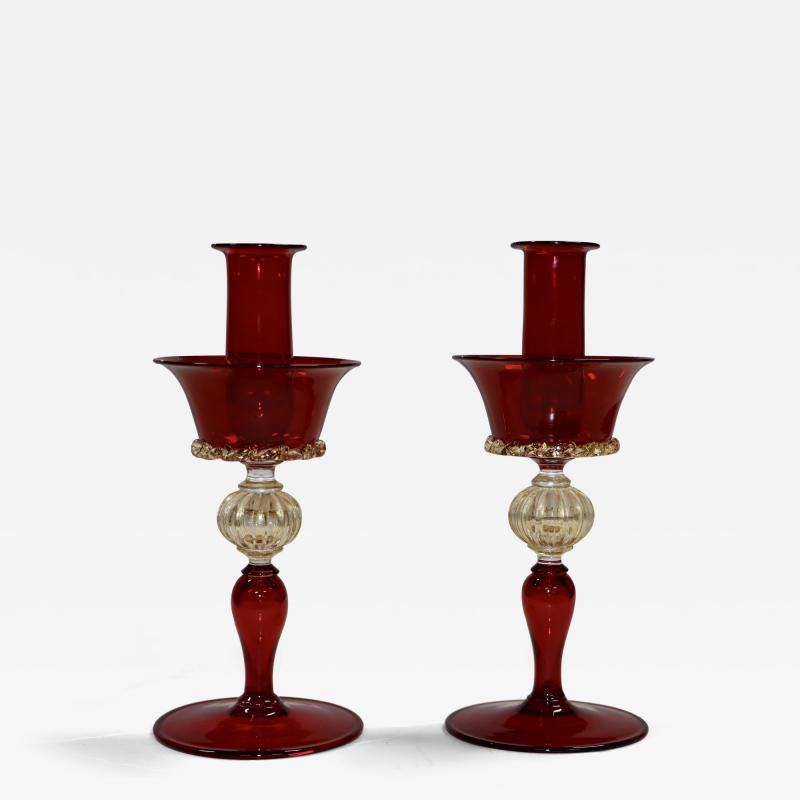  Murano Glass 1970s Murano Glass Red And Gold Candle Holders