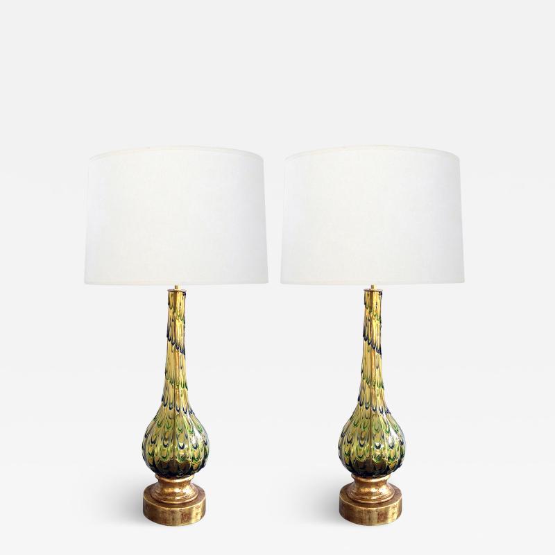  Murano Glass Pair of Murano 1960s Thumb print Drip Pattern Art Glass Lamps
