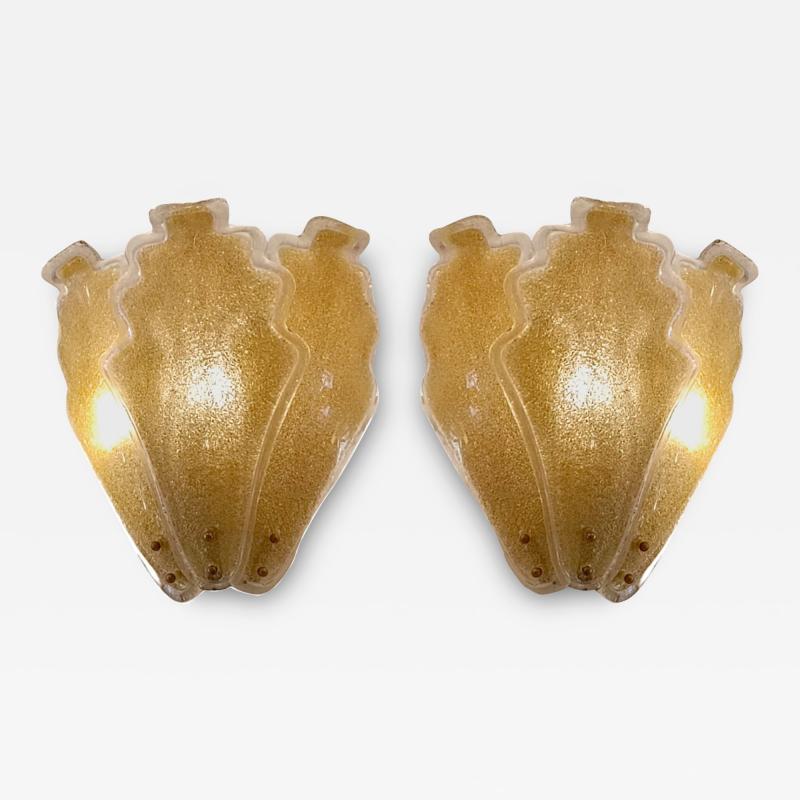  Murano Glass Pair of Murano Glass Oak Leaf shaped Gold Dust Wall Lights