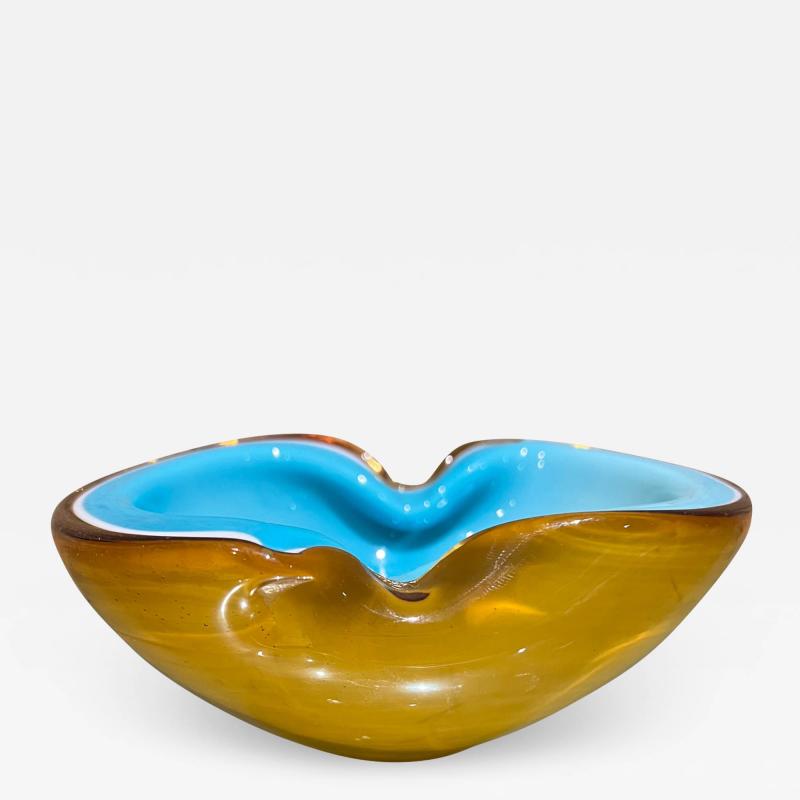  Murano Glass Sommerso 1970s Murano Art Glass Sensual Bowl Turquoise and Amber