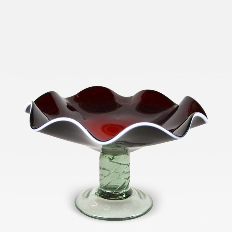  Murano Glass Sommerso 20th Century Dark Red Murano Glass Bowl Centerpiece With Green Base ca 1970