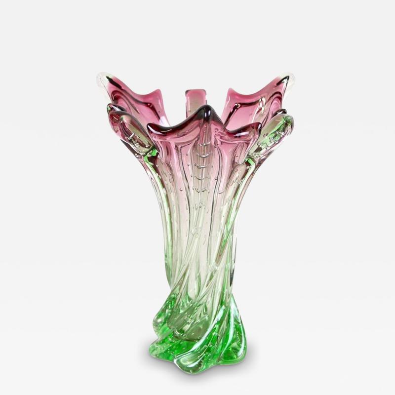  Murano Glass Sommerso 20th Century Sommerso Murano Glass Vase Pink Green Italy circa 1960 70