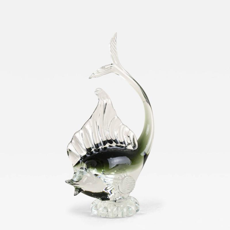  Murano Glass Sommerso Murano Glass Fish Sculpture Olive Green Clear Glass Italy circa 1970