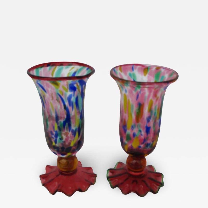  Murano Glass Sommerso Pair of Multicolored Murano Goblets Glasses with Fazzoletto Base