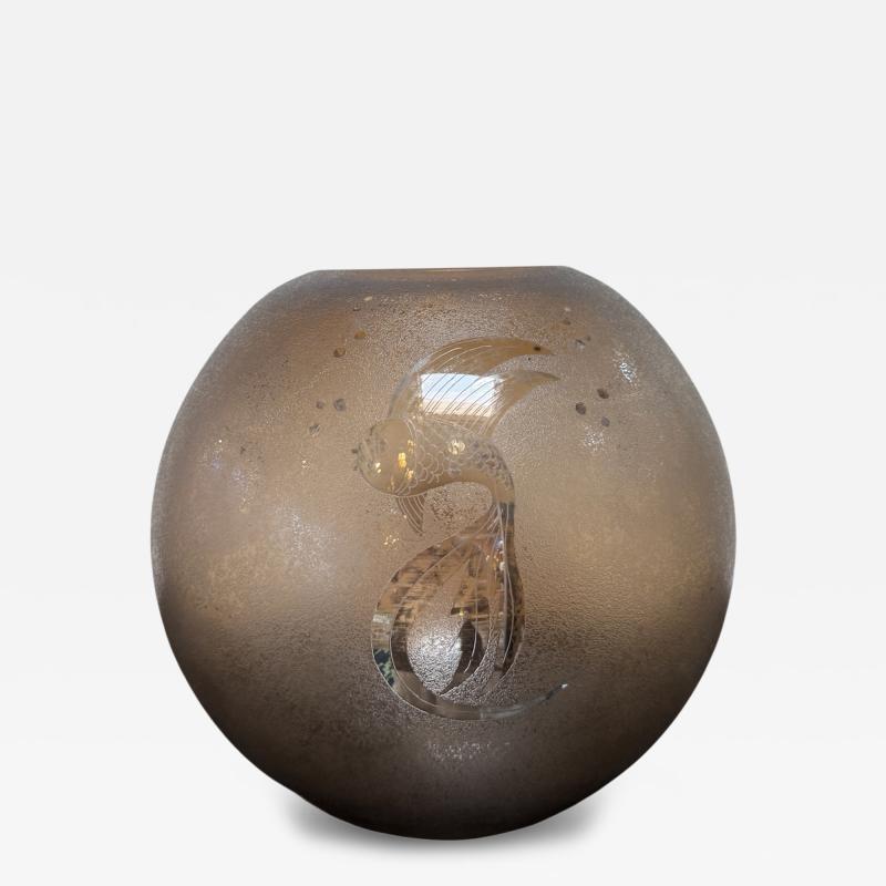  Murano Italian Smoky Murano Glass Vase with Etched Fish Motif 1970s