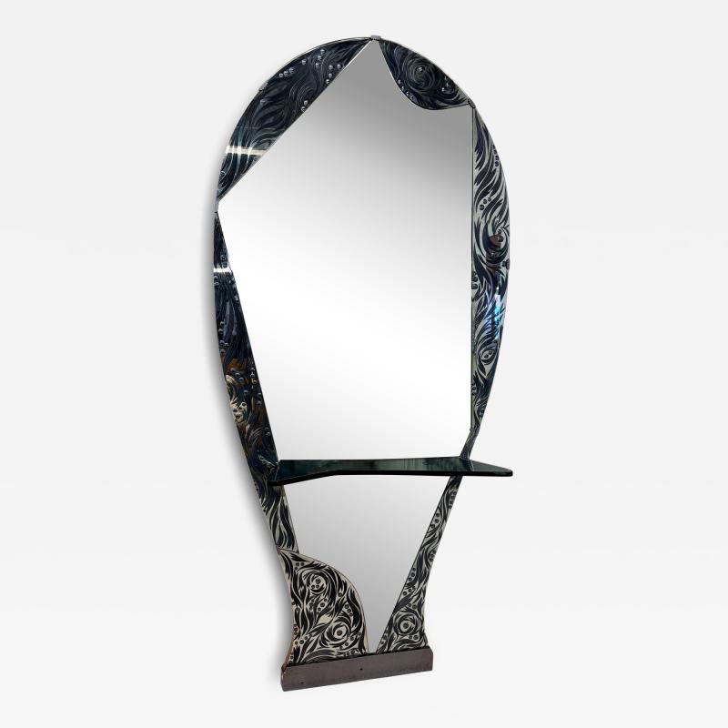  Murano Murano Etched Glass Floor Mirror with Integrated Console Shelf 1950s