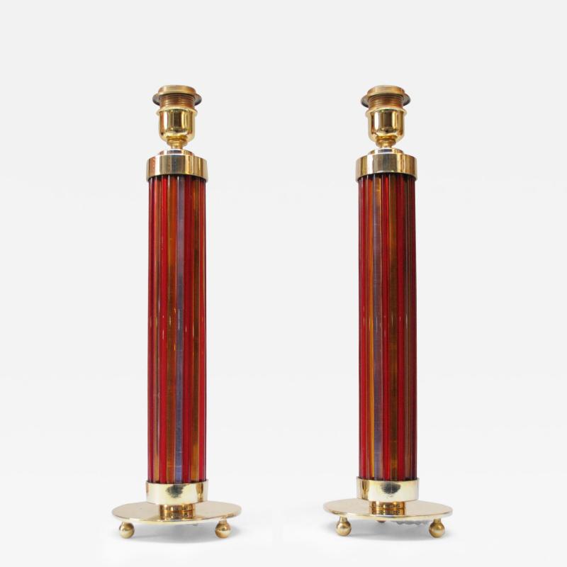  Murano Pair of Italian Modernist Murano Reeded Glass and Brass Column Table Lamps