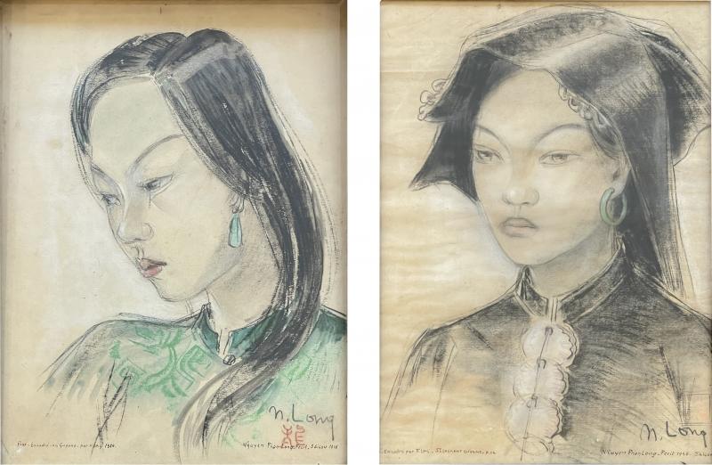  N guyen Phan Long Superb pair of drawings on paper depicting two young girls