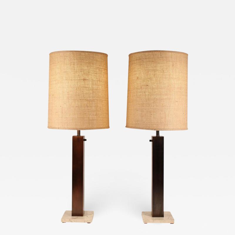  Nessen Studios Pair of 1960s Oil Rubbed Bronze and Travertine Table Lamps by Nessen