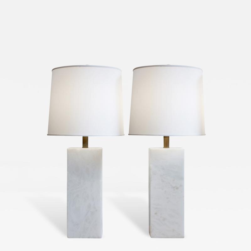  Nessen Studios Pair of Large White Marble Block Table Lamps 1950s