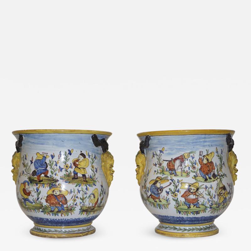  Nevers 1870s French Pair of Yellow Blue Green Red White Majolica Jardini res Planters