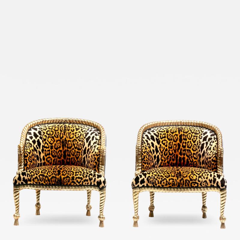  Niccolini Hollywood Regency Napoleon III Style Gilt Rope Tassel Chairs in Leopard Velvet