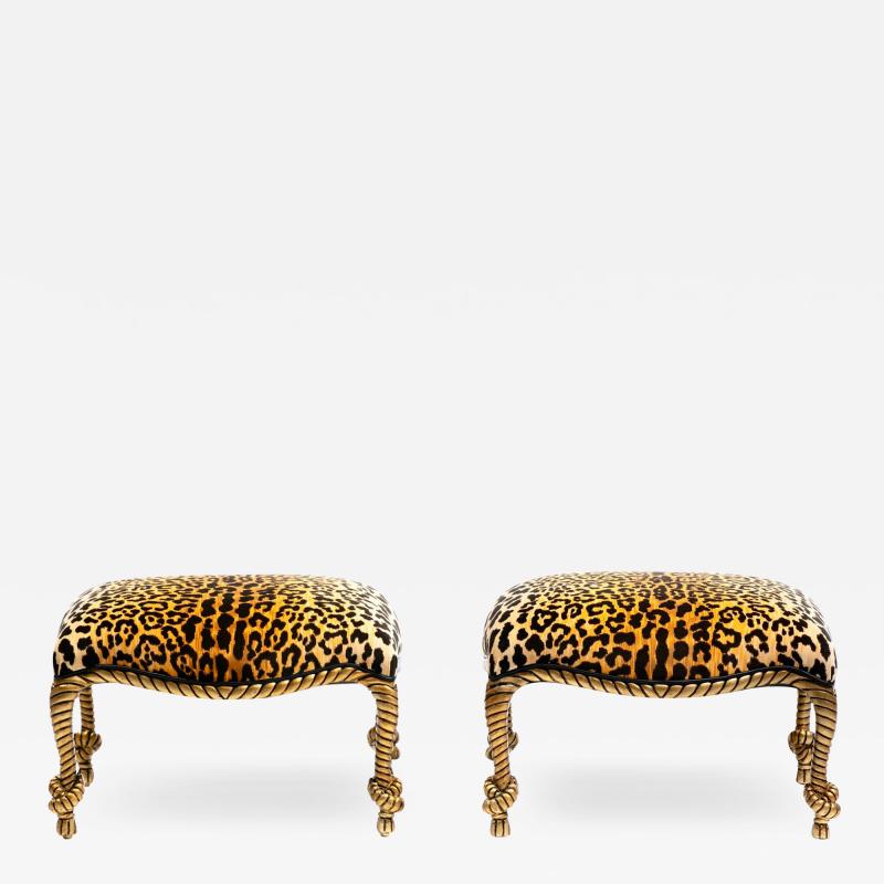  Niccolini Hollywood Regency Napoleon III Style Gilt Rope Tassel Ottomans in Leopard