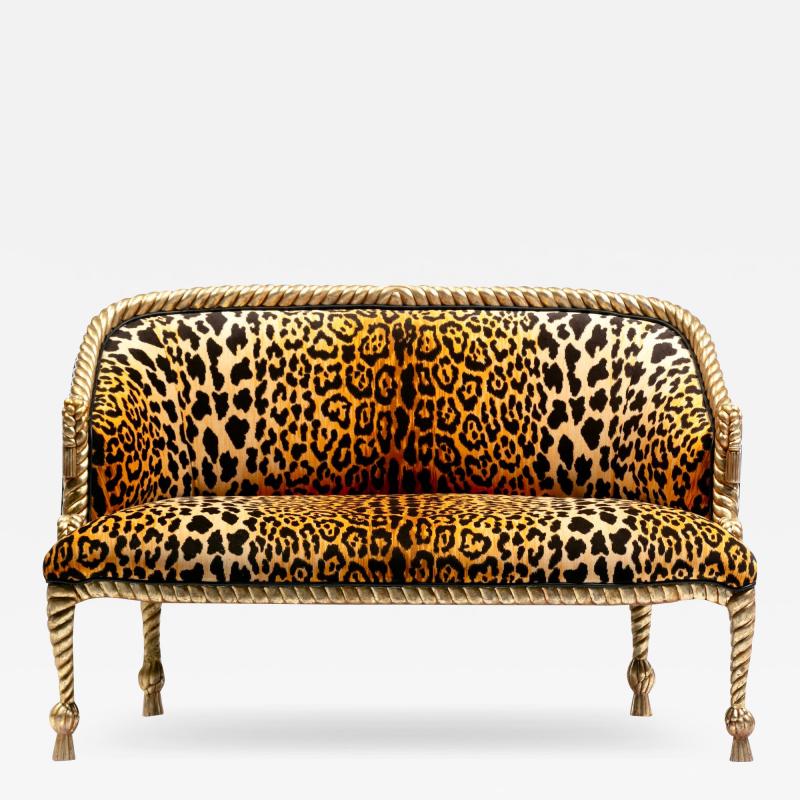  Niccolini Hollywood Regency Napoleon III Style Gilt Rope Tassel Settee in Leopard Velvet