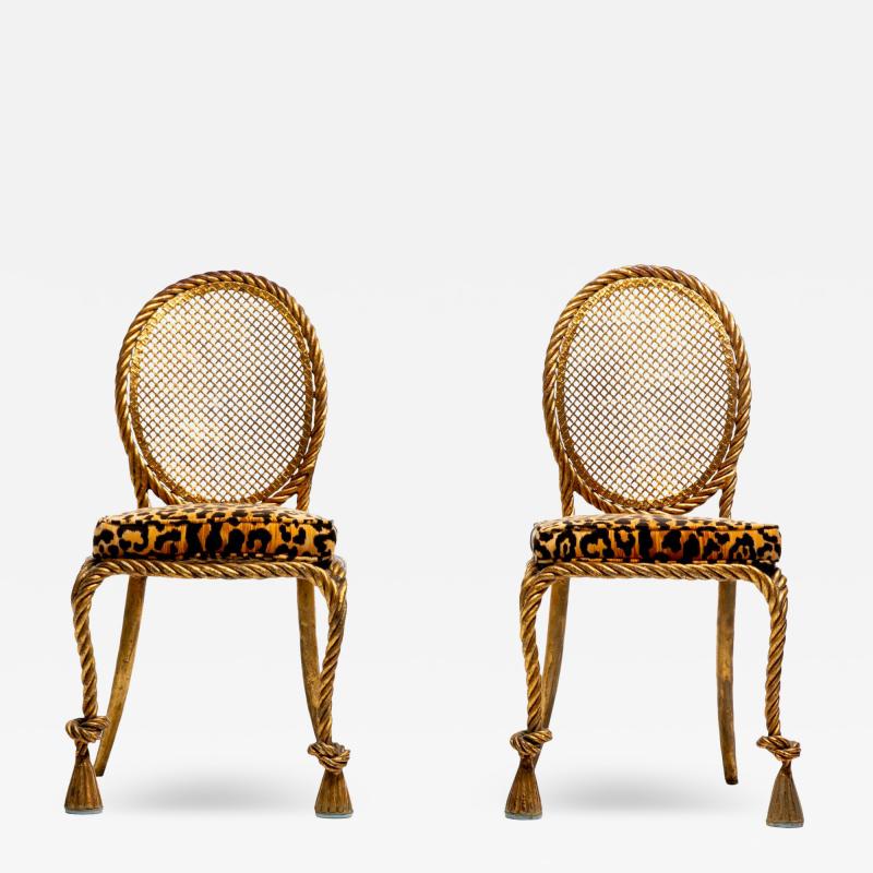  Niccolini Pair of Early 1940s Italian Gilt Rope and Tassel Iron Side Chairs by Niccolini