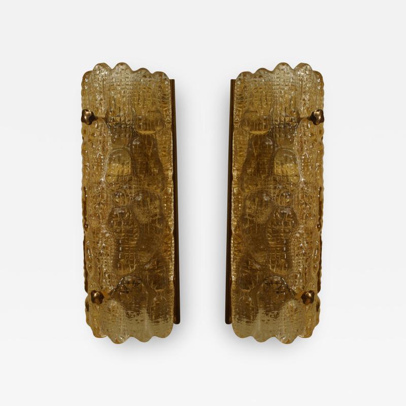  Nils Landberg Pair of Swedish Mid 20th Cent Crocodile Textured Amber Glass Wall Sconces