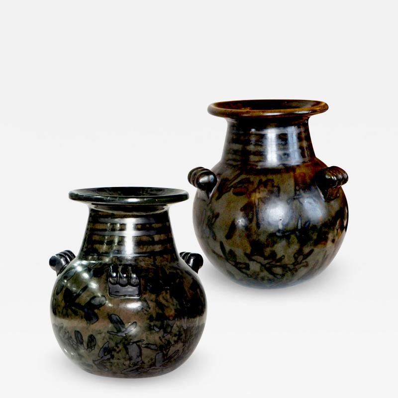  Nittsjo Pair of Art Deco Vases in Black Luster Glaze by Erik Mornils for Nittsjo