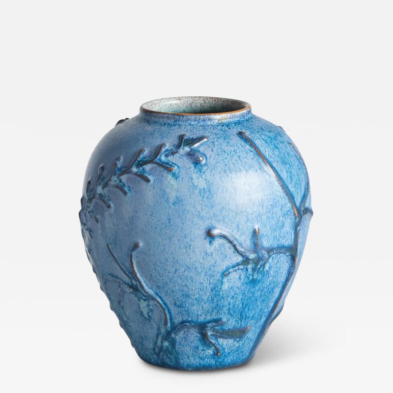  Nittsjo Vase with Flora Reliefs in Ultramarine Blue by Erik Mornils for Nittsjo