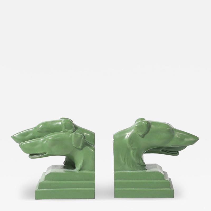  Nuart Creations Pair of Green Enameled Double Greyhound Bookends signed Nuart Creations